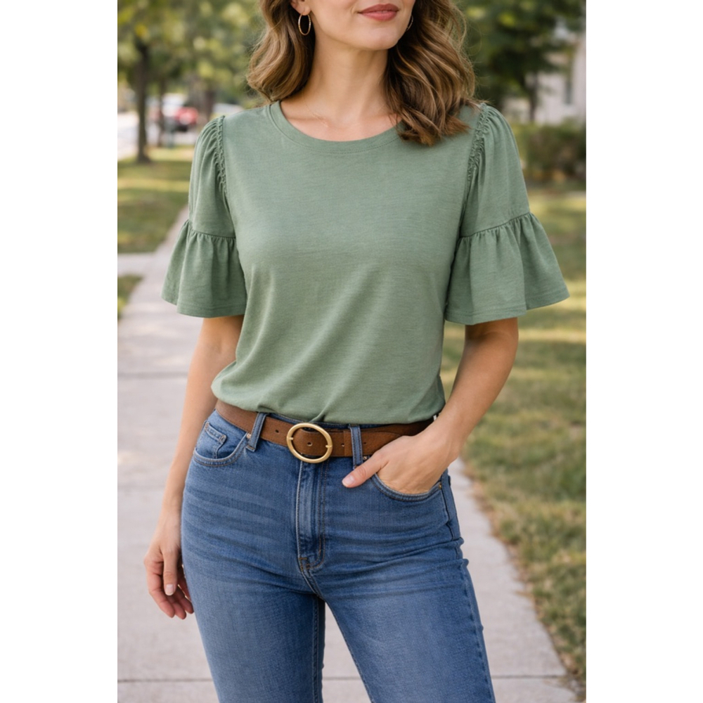 Chico's Sage Green Puff Sleeve Ruffle Top Size S (0) Casual Cottagecore Blouse - Picture 10 of 11